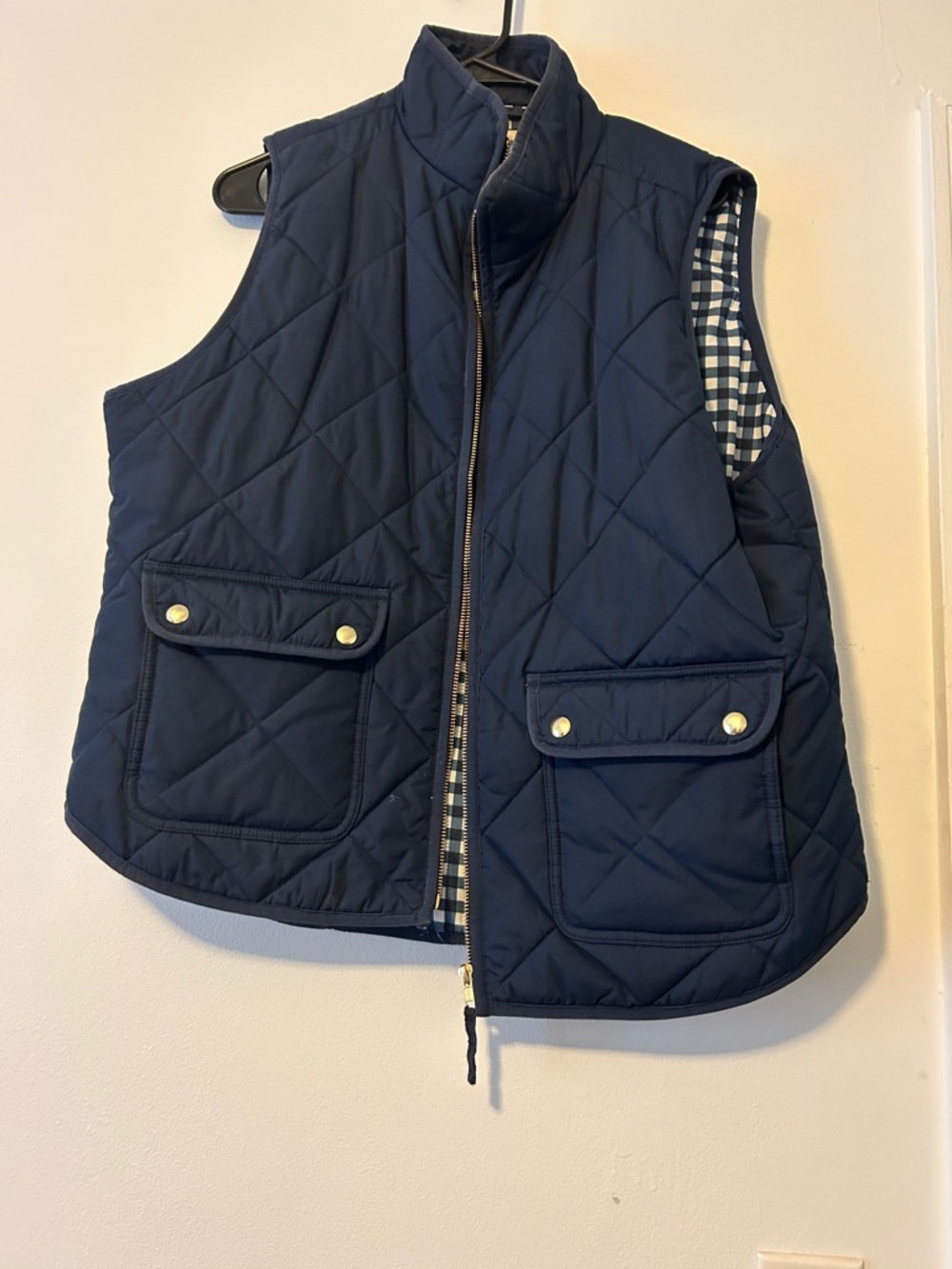 J. Crew Navy Quilted Women’s Vest with White/Navy Gingham Lining, size XL